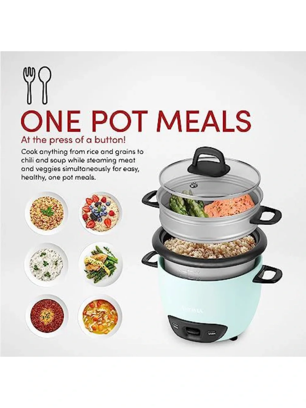 Roma Mini Rice Cooker with Steamer in Pale Blue